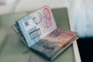 Entry, exit and visa stamps in passport